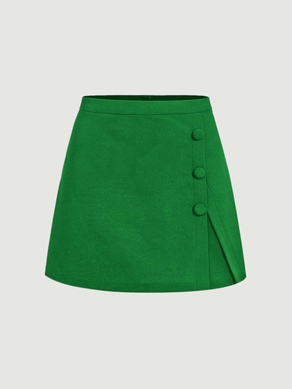 SHEIN MOD Solid Button Front Zip Back Skirt