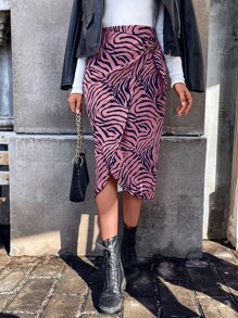 SHEIN LUNE Zebra Striped Print Wrap Knot Side Skirt - Pink - View 1