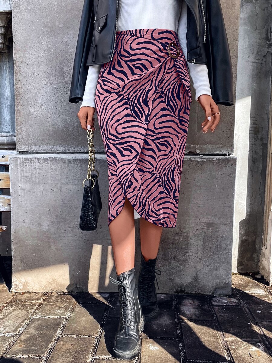 SHEIN LUNE Zebra Striped Print Wrap Knot Side Skirt - Pink - View 1