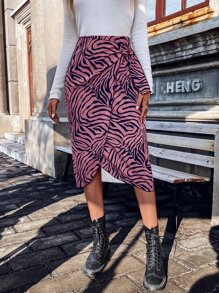 SHEIN LUNE Zebra Striped Print Wrap Knot Side Skirt - Pink - View 4