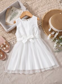 Toddler Girls Contrast Eyelet Embroidery Mesh Hem Dress - White - View 1