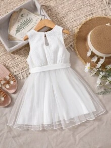 Toddler Girls Contrast Eyelet Embroidery Mesh Hem Dress - White - View 2