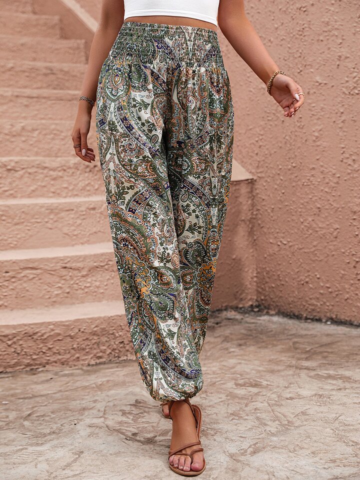 Breezaya Paisley Print Shirred Waist Jogger Pants | SHEIN USA