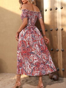 SHEIN VCAY Paisley Print Off Shoulder Split Thigh Dress - Multicolor - View 2