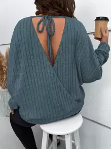 SHEIN LUNE Plus Tie Back Batwing Sleeve Sweatshirt Graduation,Back To School Outfits,Graduation,Teacher Outfits For Women,Back To School - Dusty Blue - View 1