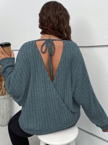 SHEIN LUNE Plus Tie Back Batwing Sleeve Sweatshirt Graduation,Back To School Outfits,Graduation,Teacher Outfits For Women,Back To School - Dusty Blue - View 3