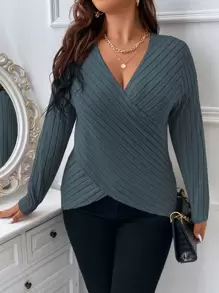 SHEIN Unity Taglie Forti Maglietta incrociato in maglia a coste - Blu verde acqua - Visualizzare 1