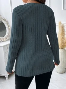 SHEIN Unity Taglie Forti Maglietta incrociato in maglia a coste - Blu verde acqua - Visualizzare 2