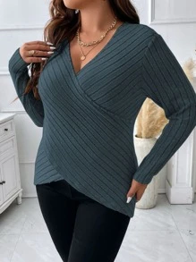 SHEIN Unity Taglie Forti Maglietta incrociato in maglia a coste - Blu verde acqua - Visualizzare 5