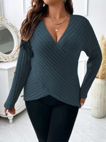 SHEIN Unity Taglie Forti Maglietta incrociato in maglia a coste - Blu verde acqua - Visualizzare 6