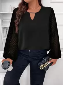Flirla Plus Keyhole Neckline Contrast Mesh Lantern Sleeve Blouse - Black - View 1