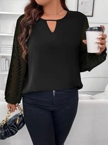 Flirla Plus Keyhole Neckline Contrast Mesh Lantern Sleeve Blouse - Black - View 3