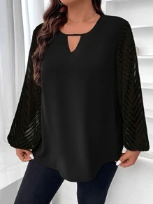 Flirla Plus Keyhole Neckline Contrast Mesh Lantern Sleeve Blouse - Black - View 6
