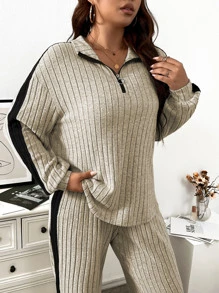 SHEIN LUNE Plus Size Casual 2-Piece Set: Turn-Down Collar Zipper Decor Ribbed T-Shirt And Soft Fleece Ribbed Side Panel Pants, Suitable For Outdoor And Home Wear Fall Cloth For Women - Beige - View 3