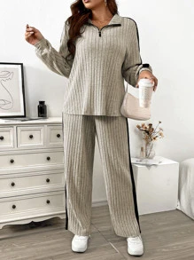 SHEIN LUNE Plus Size Casual 2-Piece Set: Turn-Down Collar Zipper Decor Ribbed T-Shirt And Soft Fleece Ribbed Side Panel Pants, Suitable For Outdoor And Home Wear Fall Cloth For Women - Beige - View 4