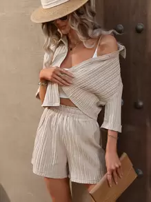 Breezaya Camisa con textura de hombros caídos & Shorts - Caqui - Ver 3