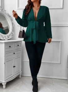 Celure Blusa de cuello profundo con nudo delantero - Verde Oscuro - Ver 5