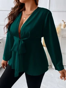 Celure Blusa de cuello profundo con nudo delantero - Verde Oscuro - Ver 6