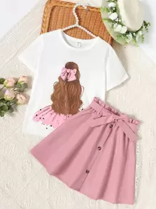 青少年女孩人物圖形短袖t卹和紙袋腰帶裙 - 彩色 - 查看 1