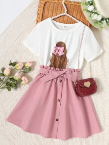 青少年女孩人物圖形短袖t卹和紙袋腰帶裙 - 彩色 - 查看 3