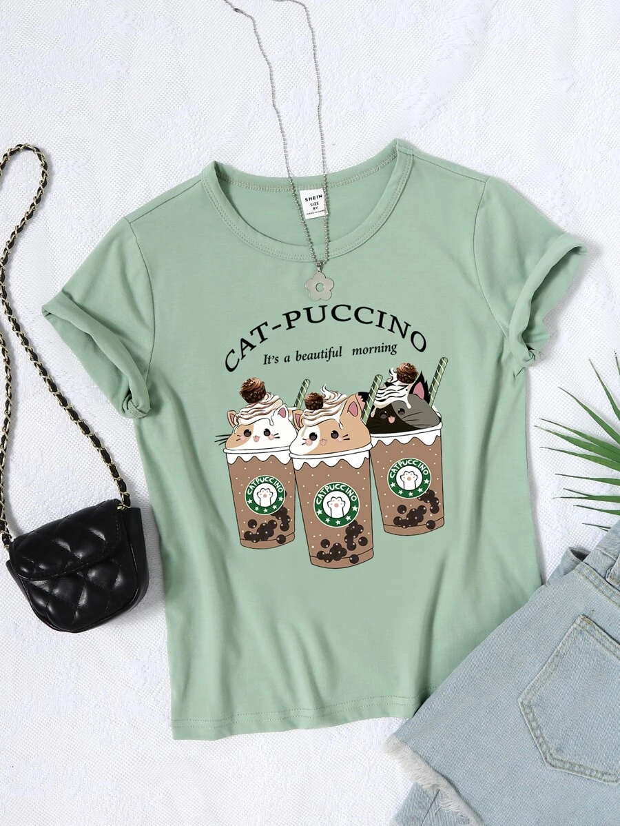 女孩卡通和字母圖案T恤