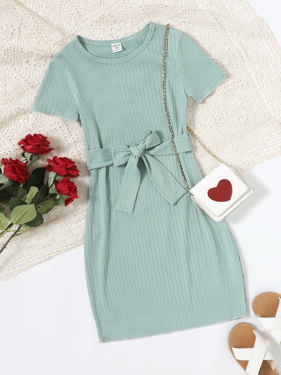Chicas Vestido ajustado tejido de canalé - verde menta - Ver 1