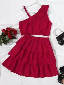 Girls Asymmetrical Neck Ruffle Trim Top & Layer Hem Skirt - Burgundy - View 1