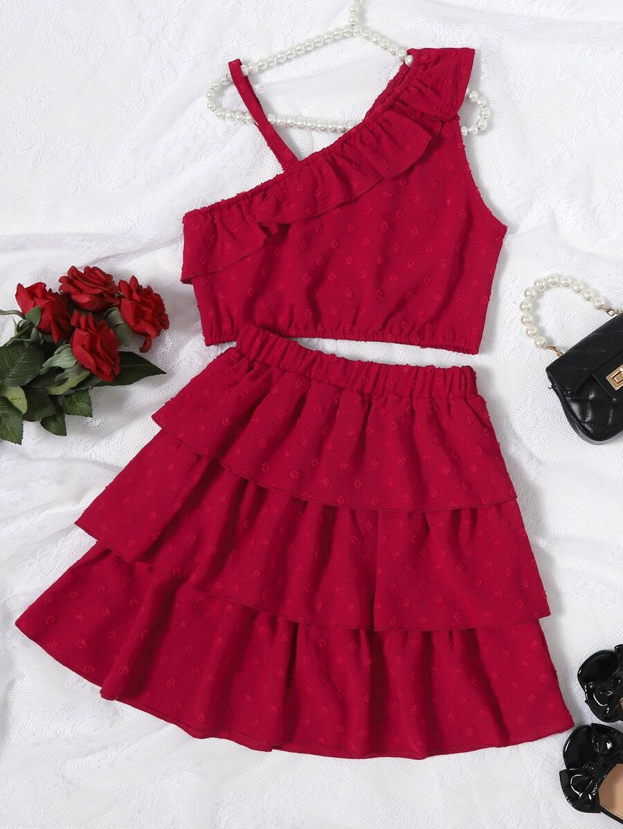 Girls Asymmetrical Neck Ruffle Trim Top & Layer Hem Skirt - Burgundy - View 1