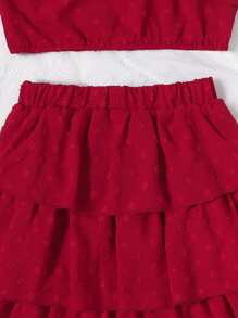 Girls Asymmetrical Neck Ruffle Trim Top & Layer Hem Skirt - Burgundy - View 3