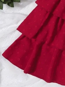 Girls Asymmetrical Neck Ruffle Trim Top & Layer Hem Skirt - Burgundy - View 4