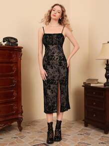 SHEIN MOD 印花胸部褶皺高衩吊帶連衣裙 - 杏色 - 查看 4