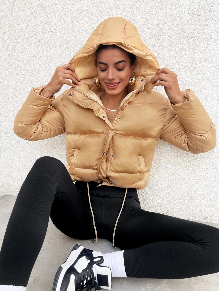 EURMUSE Drawstring Hem Zipper Hooded Puffer Coat - Apricot - View 1