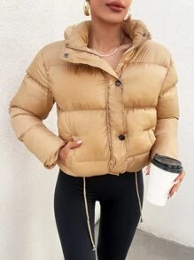 EURMUSE Drawstring Hem Zipper Hooded Puffer Coat - Apricot - View 3