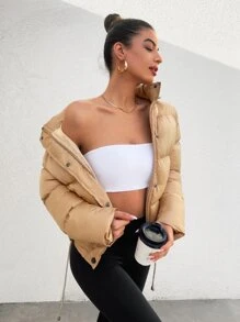 EURMUSE Drawstring Hem Zipper Hooded Puffer Coat - Apricot - View 5