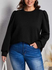 SHEIN Frenchy Plus Solid Puff Sleeve Sweatshirt - Black - View 1