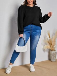 SHEIN Frenchy Plus Solid Puff Sleeve Sweatshirt - Black - View 3