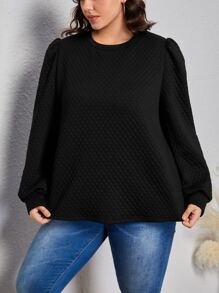 SHEIN Frenchy Plus Solid Puff Sleeve Sweatshirt - Black - View 4