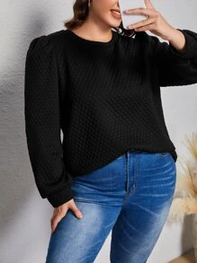 SHEIN Frenchy Plus Solid Puff Sleeve Sweatshirt - Black - View 5