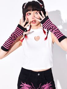 ROMWE J-Fashion Striped Pattern Fingerless Glovesy2k Valentines - Hot Pink - View 1