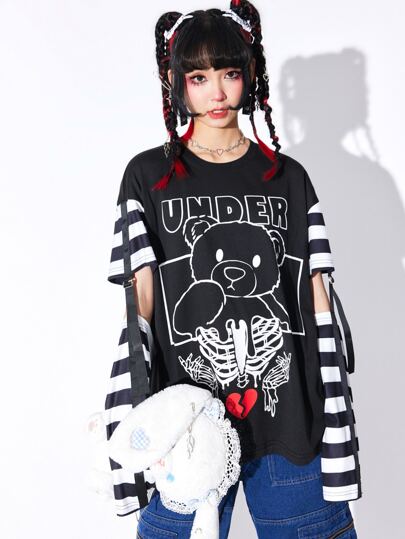 Anime Letter & Cartoon Graphic Drop Shoulder Tee, School