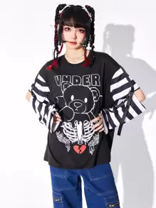 ROMWE Anime 字母与卡通图案落肩 T 恤，学校 - 黑色 - 查看 2