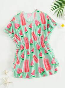 Girls Watermelon Print Ruffle Trim Cover Up - Green - View 1