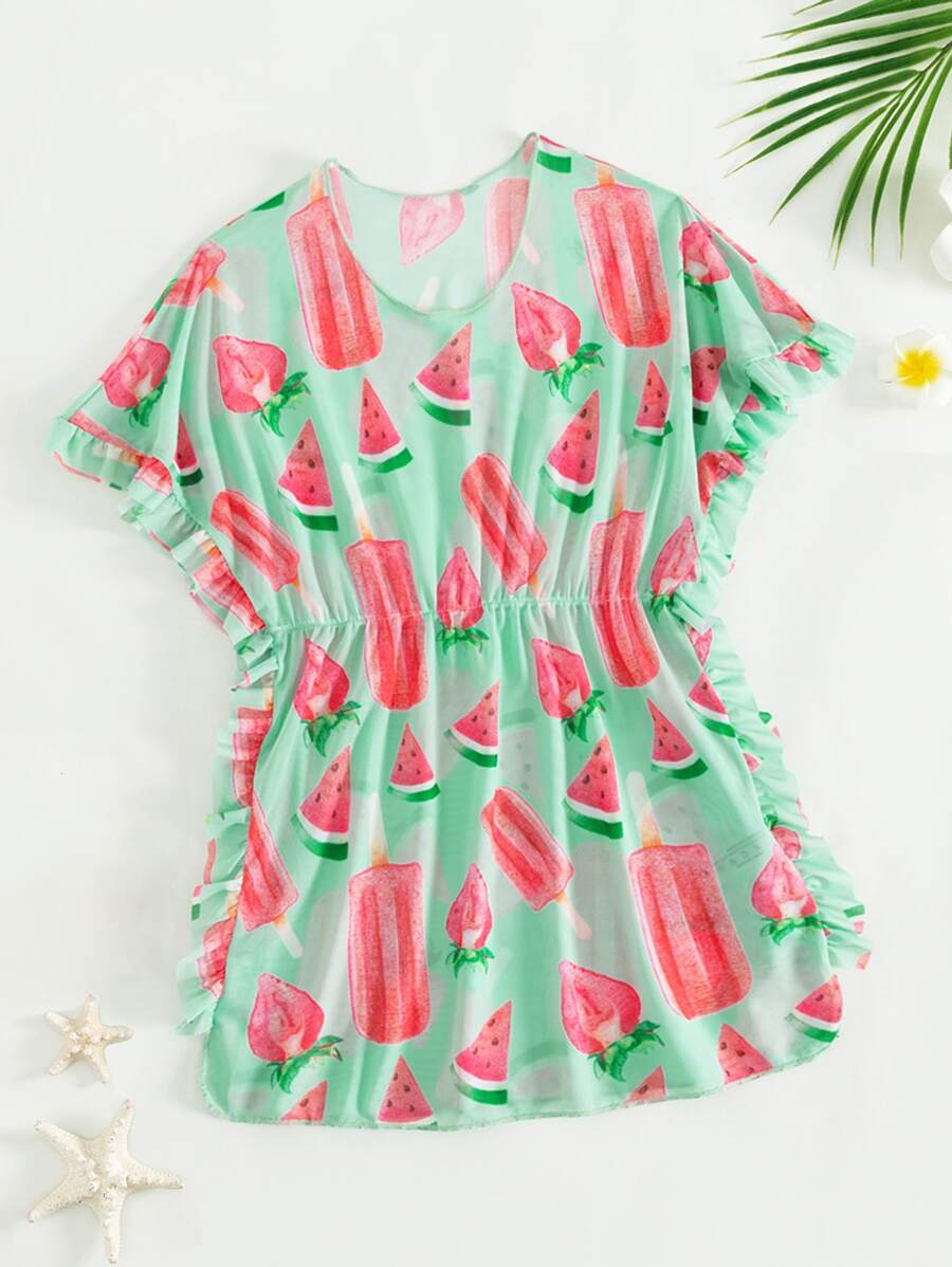 Girls Watermelon Print Ruffle Trim Cover Up - Green - View 1