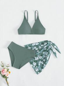 青少年女孩纯色比基尼套装搭配花卉印花沙滩裙夏季海滩