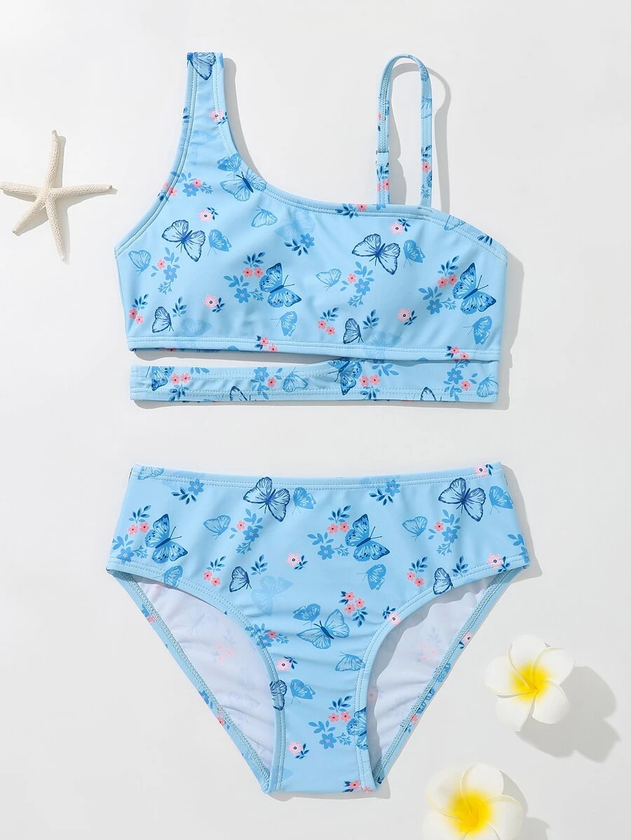 Tween Girl Butterfly Print Asymmetrical Neck Cut Out Bikini Set Summer Beach - Blue - View 1