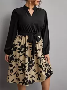 SHEIN Clasi Plus Floral Print Lantern Sleeve Belted Dress - Multicolor - View 2