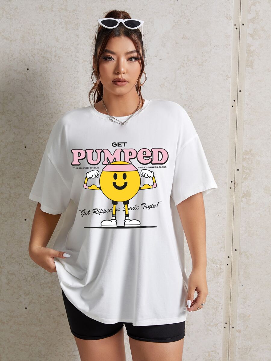 JORD.DESIGNS Plus Size Cartoon & Slogan Graphic Drop Shoulder Tee - White - View 1