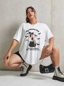 Matt Tam Plus Size Slogan & Halloween Print Drop Shoulder Tee - White - View 5