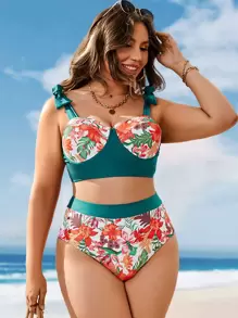 SHEIN Swim Curve Plus Size In nhiệt đới Nút thắt vai Push Up Bikini Set Bãi biển mùa hè - Nhiều màu - Xem 3