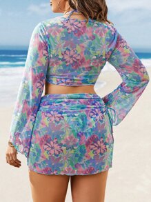 Swim Lushoire 夏季海灘加大碼花卉印花打結前置比基尼套裝與遮陽衣 - 彩色 - 查看 2